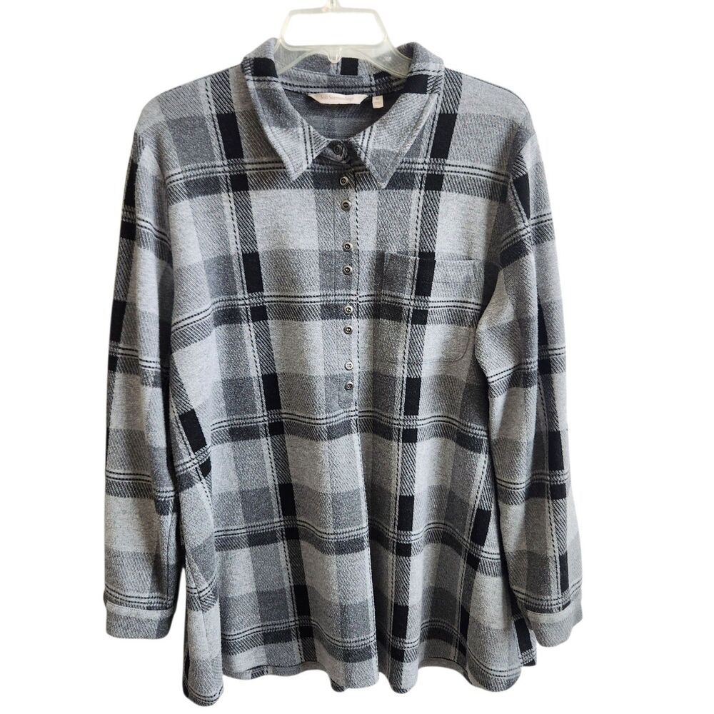 Soft Surroundings XL Gray Black Plaid Popover Henley Tunic Quiet Luxury Casual